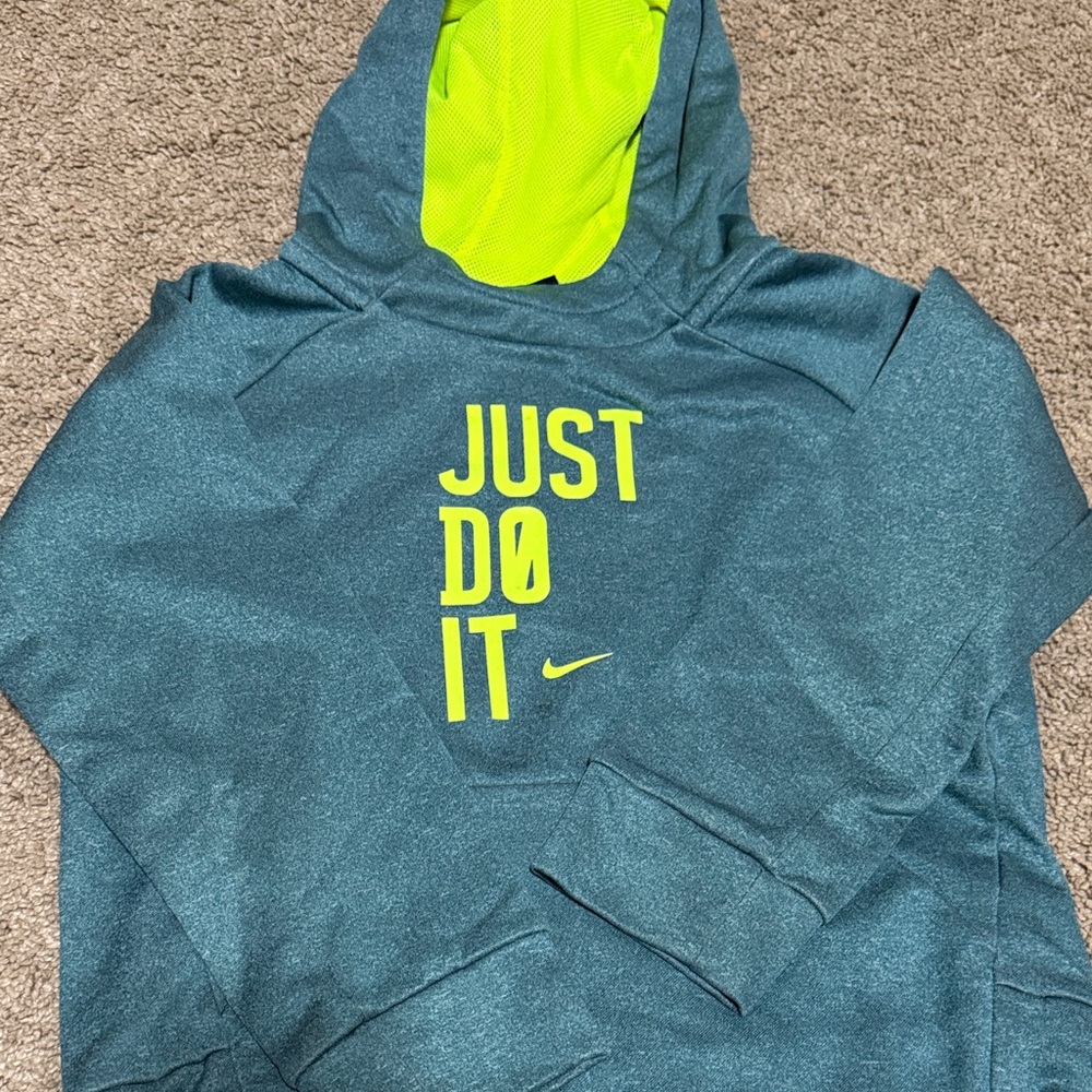 Nike Kids Teal Hoodie with Neon Yellow Graphic